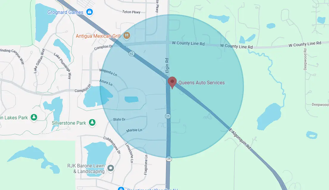 Map of Queens Auto Service service area in the greater Elgin area